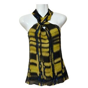 Vince Yellow Black Abstract Silk‎ Cross Halter Blouse Small Chic Girls Night Out